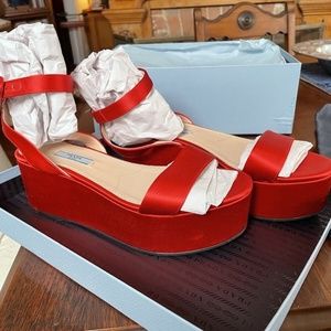 Prada Red Satin Platform/Flatform Shoes Sandals Sz 38.5